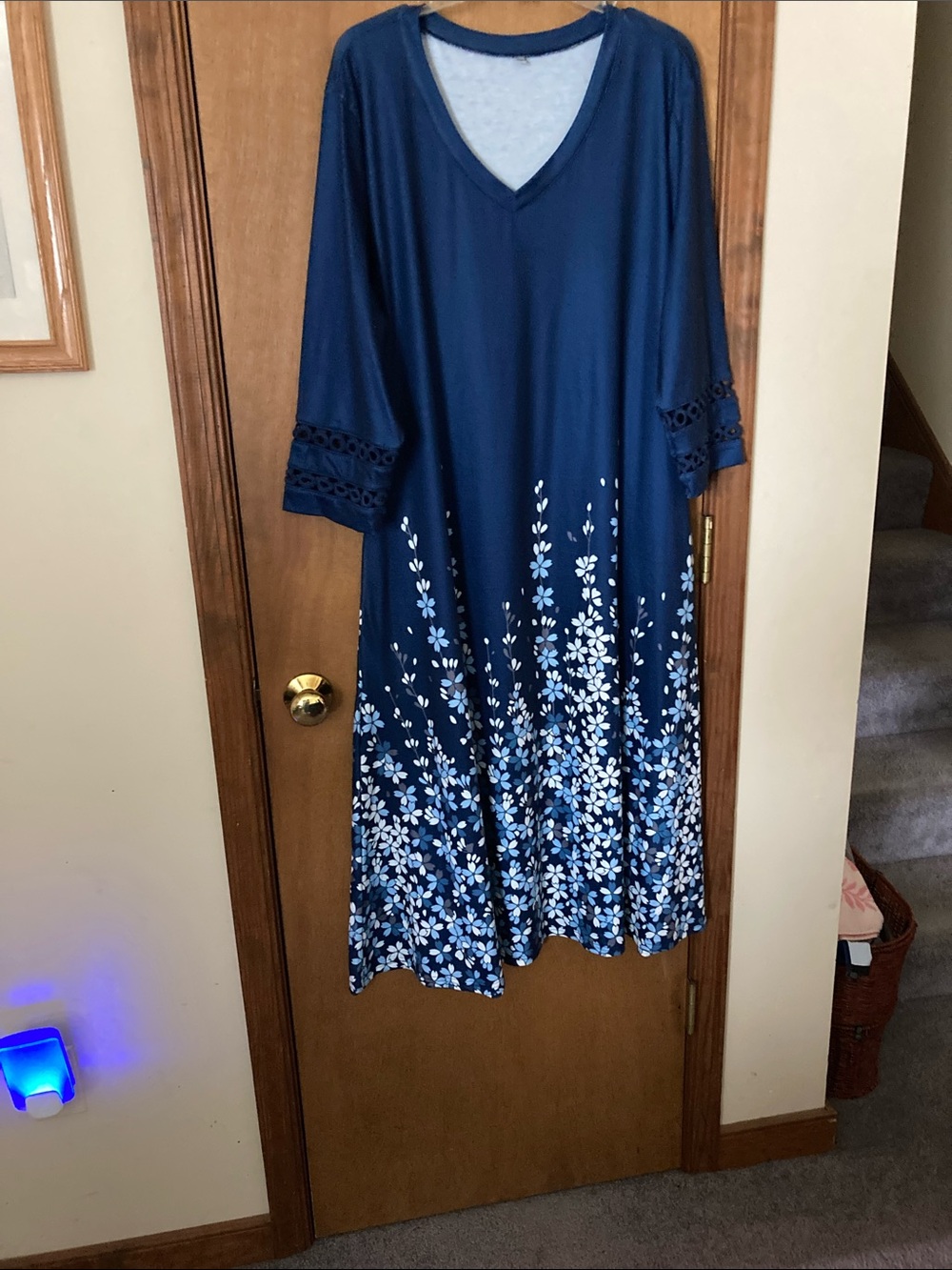 Navy Floral V-Neck Maxi Dress with Lace Sleeve Detail